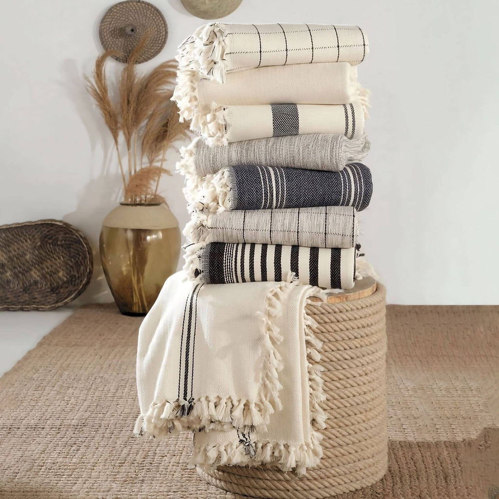 100% Cotton White Striped Black Blanket
