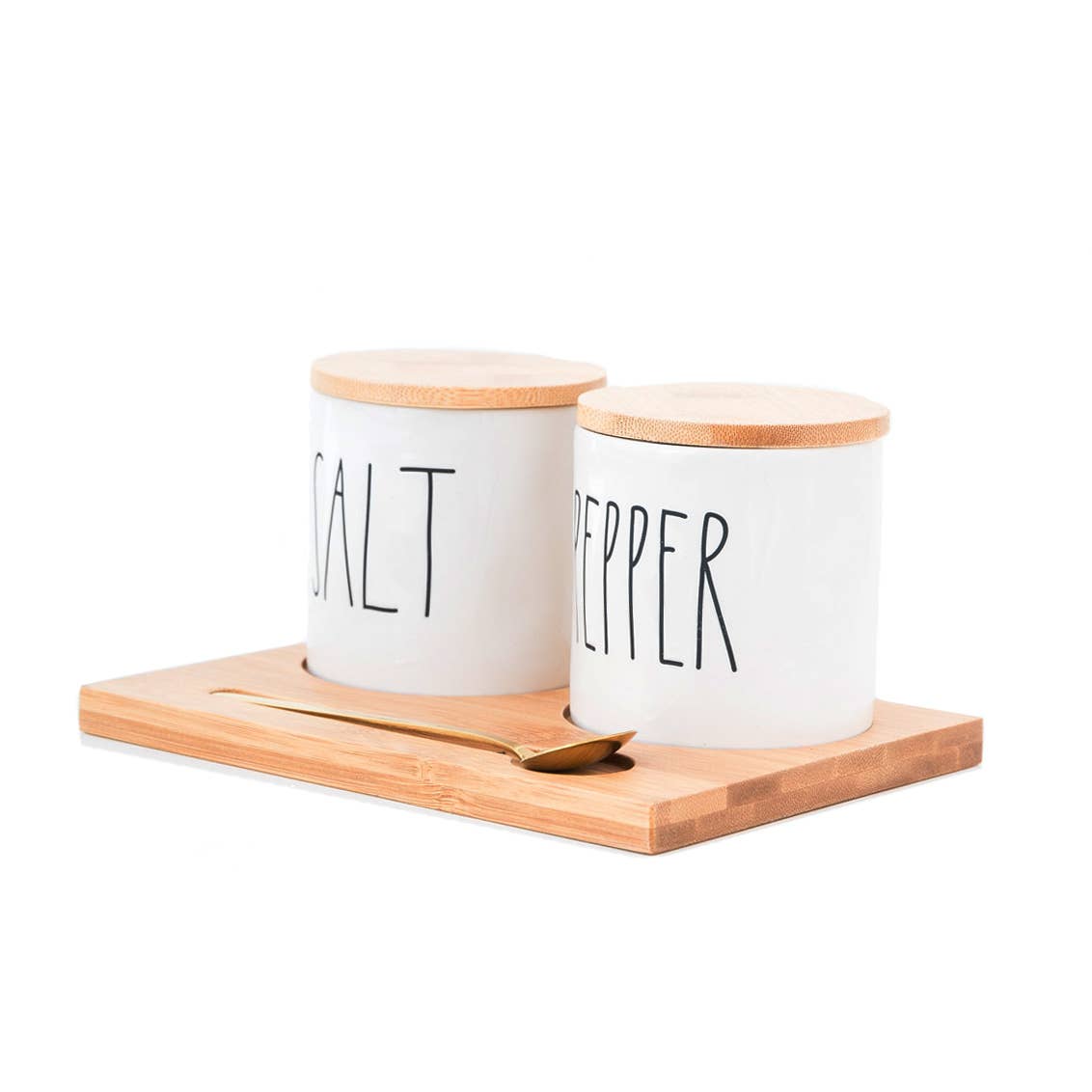 Rae Dunn Artisan Salt+Pepper Cellars W/ Bamboo Tray & Spoon