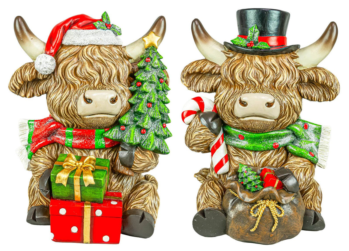 Holly Jolly Christmas Highland Cow Large Sitter 2 Ast