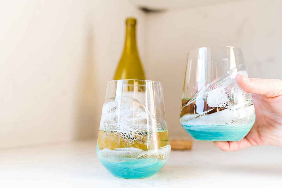 Resin Accented Wine Glasses -  Caribbean Blue Set of 2