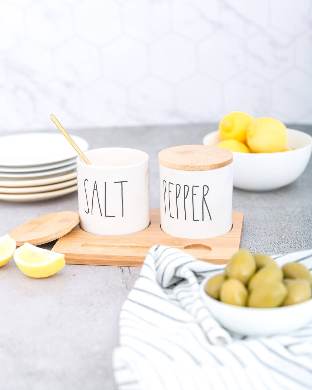 Rae Dunn Artisan Salt+Pepper Cellars W/ Bamboo Tray & Spoon