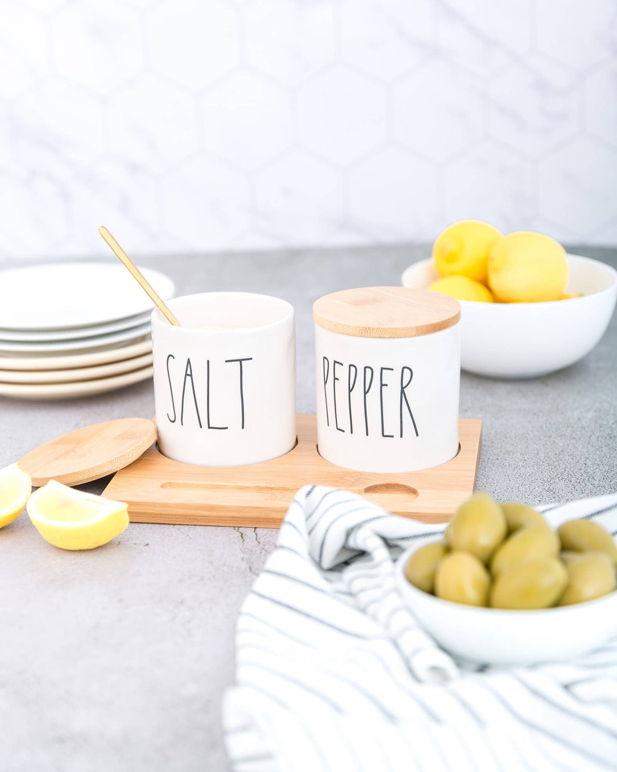 Rae Dunn Artisan Salt+Pepper Cellars W/ Bamboo Tray & Spoon