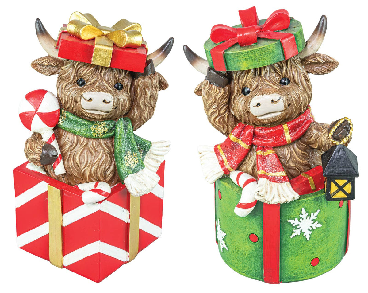 Christmas Highland Cow Gift Box Tabletop 2 Assorted