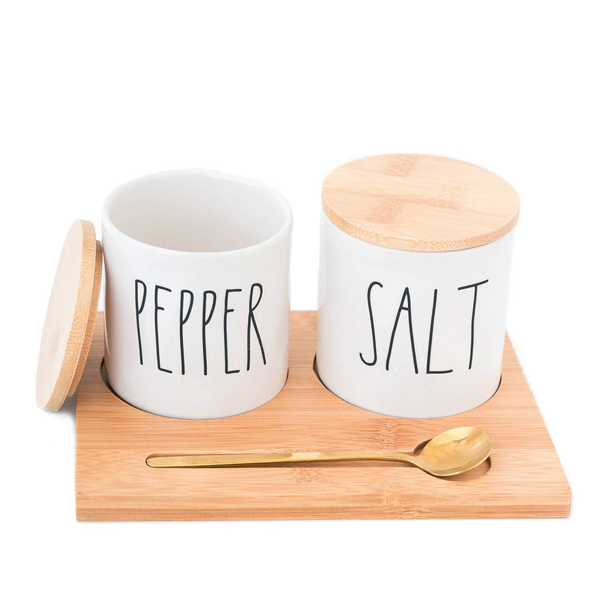 Rae Dunn Artisan Salt+Pepper Cellars W/ Bamboo Tray & Spoon