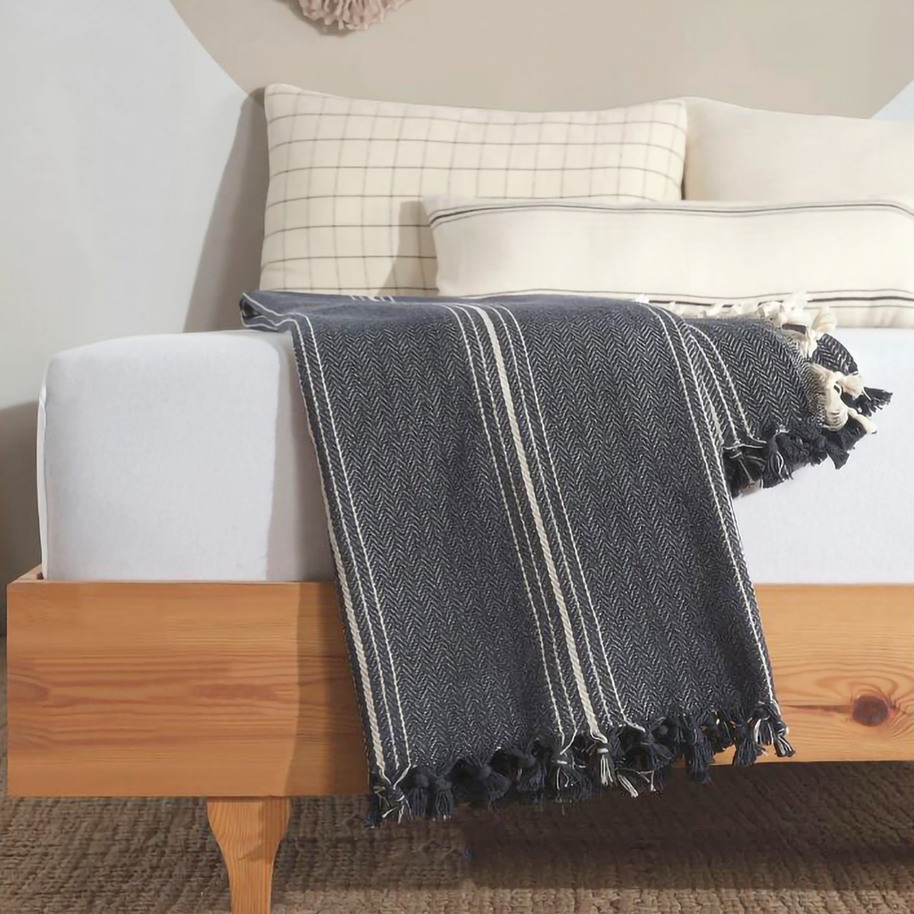 Minimalist 100% Cotton Throw Blanket : Navy Blue with Stripes