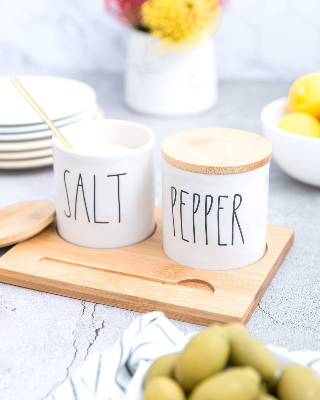 Rae Dunn Artisan Salt+Pepper Cellars W/ Bamboo Tray & Spoon