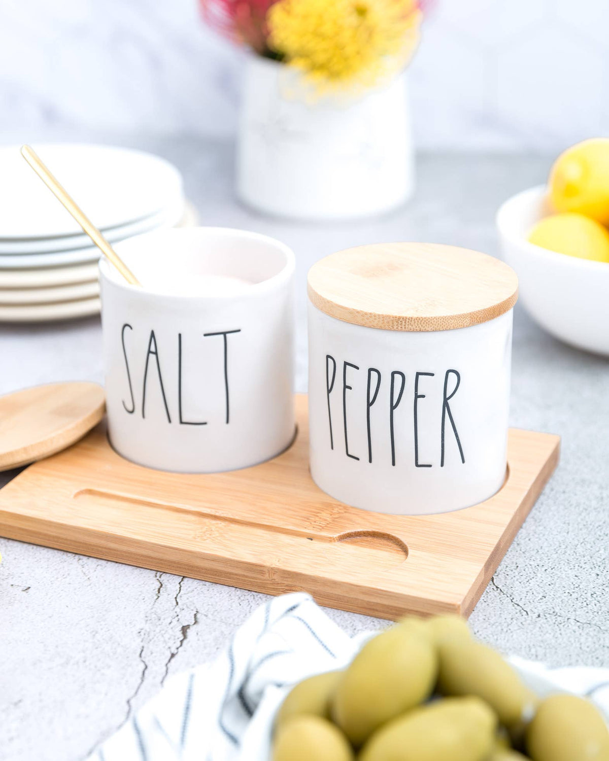 Rae Dunn Artisan Salt+Pepper Cellars W/ Bamboo Tray & Spoon