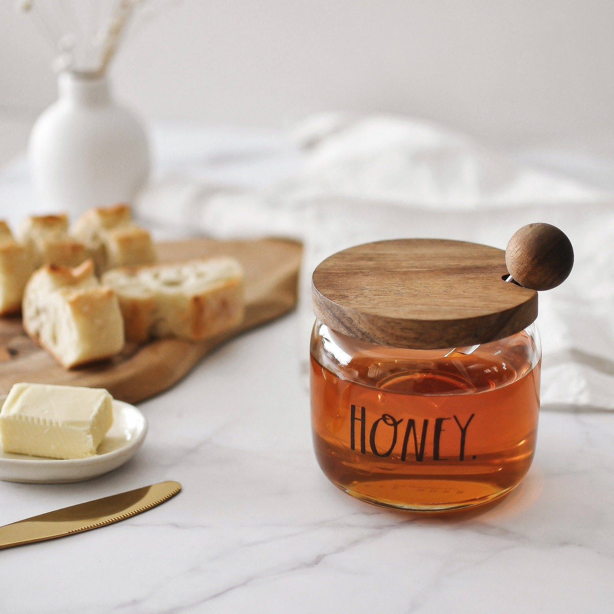 Rae Dunn Stem Print Glass Honey Pot