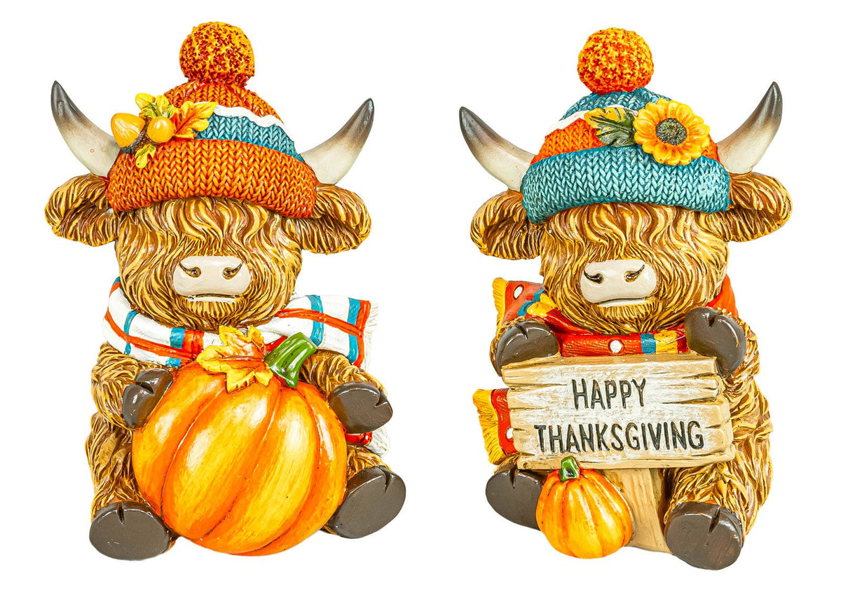 Knit Cap Fall Highland Cow 5" Sitter 2 Ast