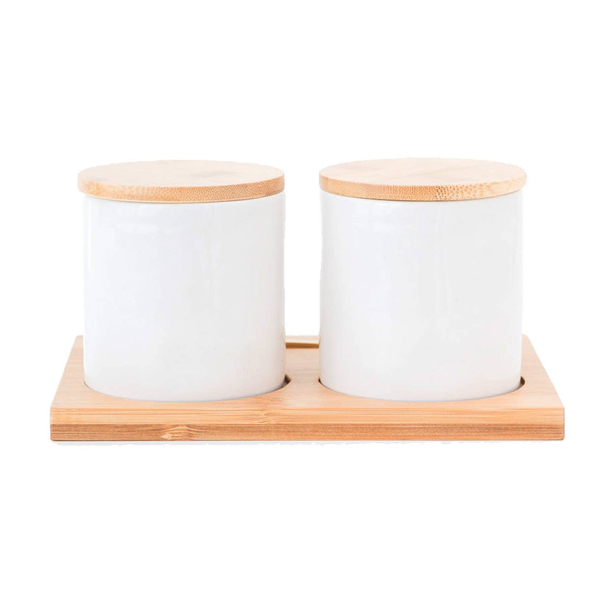 Rae Dunn Artisan Salt+Pepper Cellars W/ Bamboo Tray & Spoon